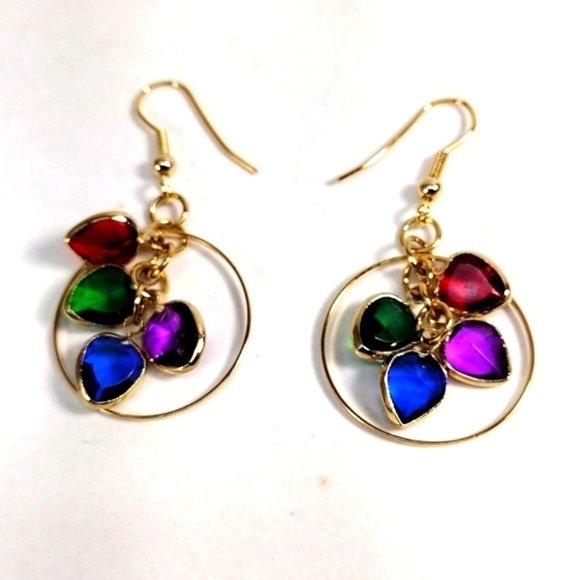 Gold Multicolor Heart Gem Drop Earrings – Dangle Hoop Statement Women's Jewelry - Picture 3 of 5